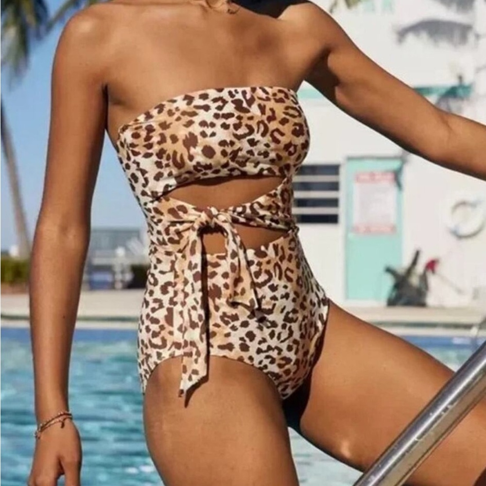 AERIE Women’s Leopard Print One Piece With Cutouts and Tie